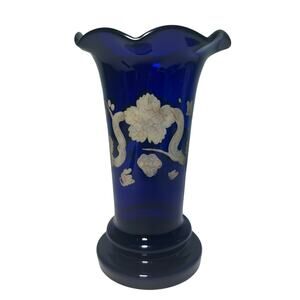 Antique Moser Bohemian Czech Cobalt Blue Vase Hand Blown Ruffle Mouth 6 Inches
